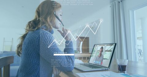 Woman Analyzing Financial Data on Laptop During Virtual Meeting