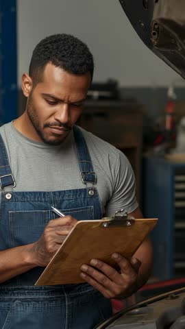 Mechanic inspecting engine and recording notes on clipboard vertical workshop video