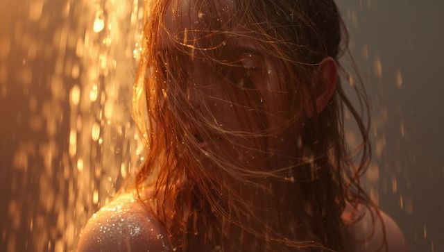 Dramatic Portrait of Woman in Warm Backlight with Cascading Water