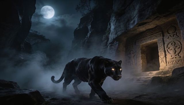 Moonlit black panther prowling ancient temple ravine with glowing amber eyes, cinematic