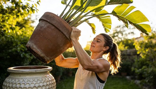 Sunlit woman lifting terracotta planter, placing tropical foliage into ornate ceramic pot