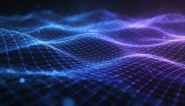 Undulating Neon Data Wave Wireframe Flowing Cyan to Purple Futuristic Tech Background