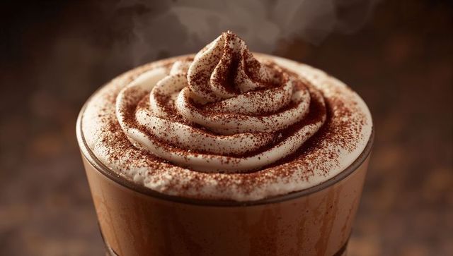 Steamy Hot Chocolate with Whipped Cream and Cocoa Dust