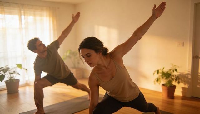Practicing Morning Yoga Together in Sunlit Living Room with Indoor Plants