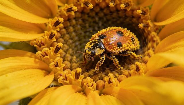 Pollen-coated ladybird beetle crawling on sunflower head macro closeup with golden pollen