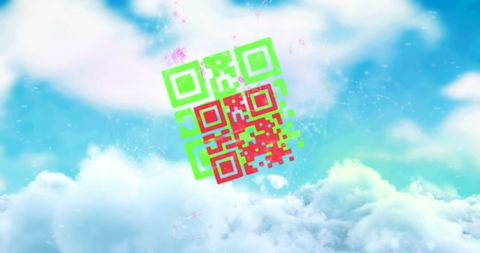 Colorful glitch qr code in a sunny blue sky
