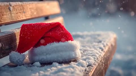 Red Santa hat resting on snow-dusted wooden bench while snowflakes drifting in golden light