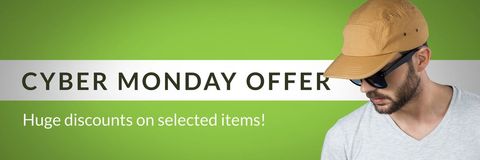 Cyber Monday Discounts Banner with Man in Cap