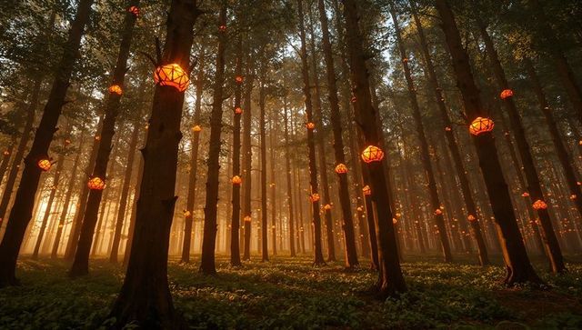 Glowing Geometric Lanterns Hanging in Misty Pine Forest with Golden Sunbeams