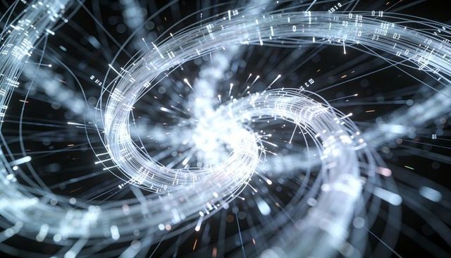 Swirling digital data vortex with binary streams and neon light trails for ai network visuals
