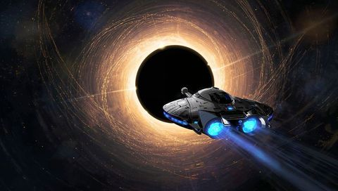 Futuristic spaceship approaching black hole accretion disk