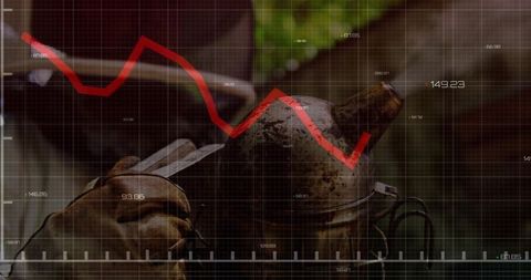 Beekeeper holding weathered smoker with red downward chart overlay