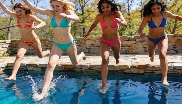 Group of friends jumping into backyard pool in colorful bikinis splashing summer energy