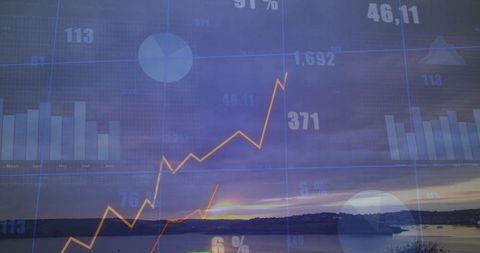 Rising Graph and Data Visual Over Tranquil Dawn Landscape
