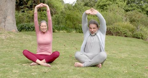 Senior Couple Practicing Mindful Yoga in Peaceful Park Environment