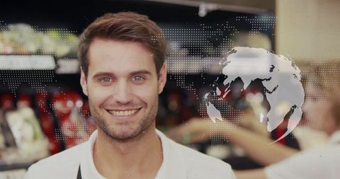 Smiling Assistant with World Map Overlay in Modern Deli