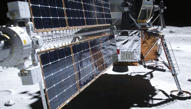 Lunar lander resting with extended solar array reflecting sunlight, showing gold foil and footpad