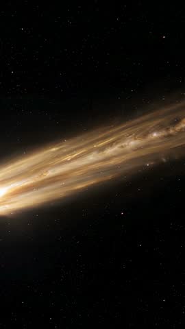 Vertical cosmic video showing comet shedding golden dust and gas tail revealing glowing nucleus