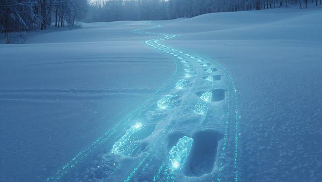 Glowing cyan footprint trail winding through snowy winter field with streaming binary code