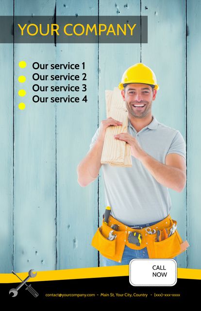 Smiling Worker Holding Wood Plank with Tools Showcasing Construction Services - Download Free Stock Templates Pikwizard.com