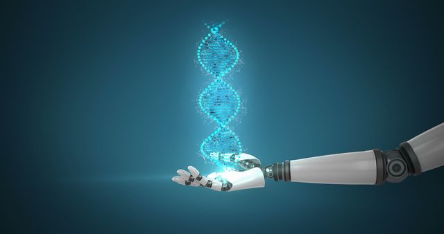 Robotic hand holding a digital DNA helix, representing the future of biotechnology and genetic engineering. Ideal for use in articles and presentations related to artificial intelligence, scientific advancements, medical innovations, and the integration of technology in biology.