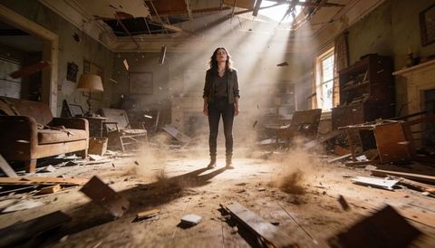Woman standing in collapsing living room, dust swirling in sunbeams