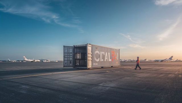 Cargo handler walking to open container on airport apron at sunrise