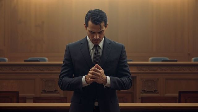 Lawyer contemplating in courtroom with ornate wood paneling, solemn legal portrait