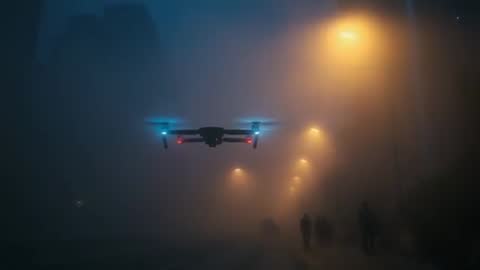 Night drone hovering through dense urban fog with glowing streetlights and walking silhouettes