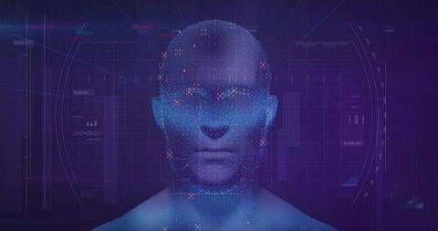 Futuristic Digital Avatar with Biometric Data and Holographic Grid