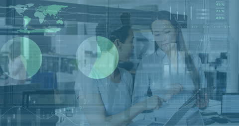 Diverse Women Analyzing Data with Futuristic Financial Graphics