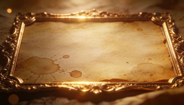 Gilded ornate frame resting on stained parchment, warm golden bokeh and antique texture