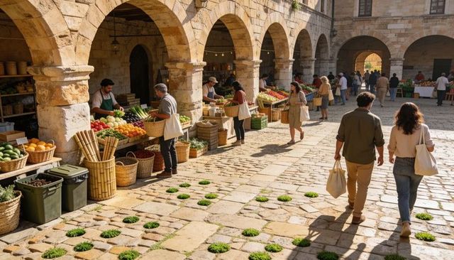 Sunlit mediterranean market courtyard with stone arcade, couples walking with canvas totes