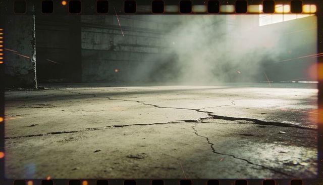 Cracked concrete slab showing deep fissures in derelict warehouse with light shafts