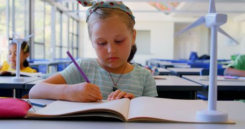 Schoolgirl Focused on Renewable Energy Lesson in Classroom