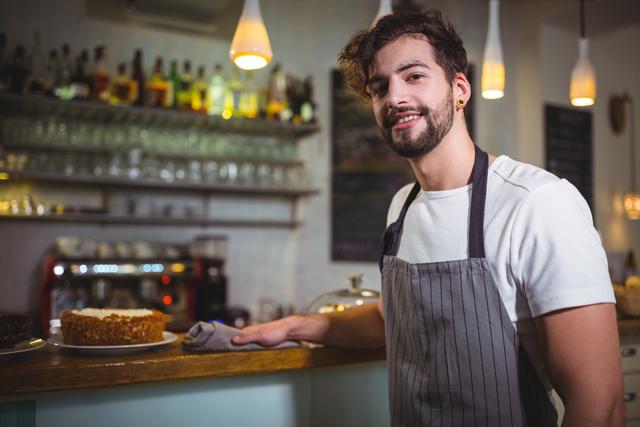 Young male waiter wearing apron, smiling while cleaning counter in cozy café. Ideal for use in hospitality industry promotions, restaurant advertisements, service training materials, and lifestyle blogs.