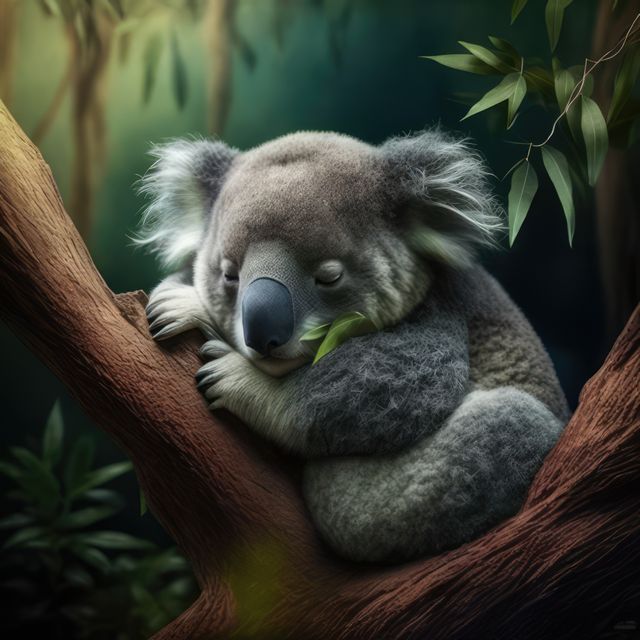 Sleeping koala hugging a tree branch in an Australian forest setting. Perfect for use in nature and wildlife publications, educational materials on animals, travel advertisements for Australia, or to invoke feelings of tranquility and peace.