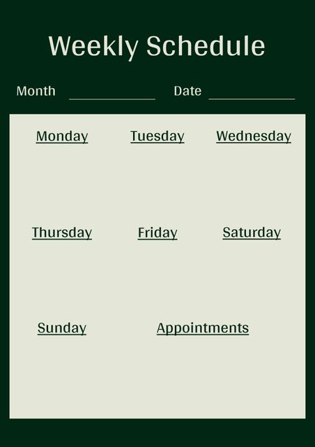 This simple green weekly schedule template provides spaces for organizing plans and appointments for each day of the week. Perfect for keeping track of events, to-dos, and agendas. Ideal for personal use, professional scheduling, or classroom management.
