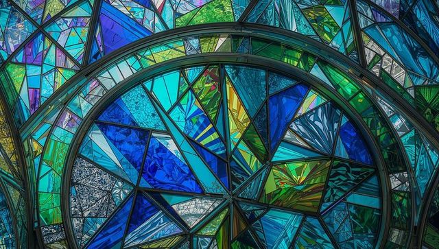 Circular stained glass window with geometric abstract design
