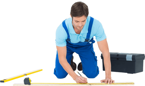 Handsome Worker Measuring and Marking Wooden Board on Transparent Background