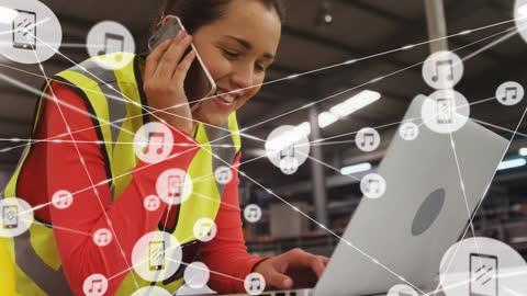 Happy Woman Communicating Multitasking with Technology and Network Overlay