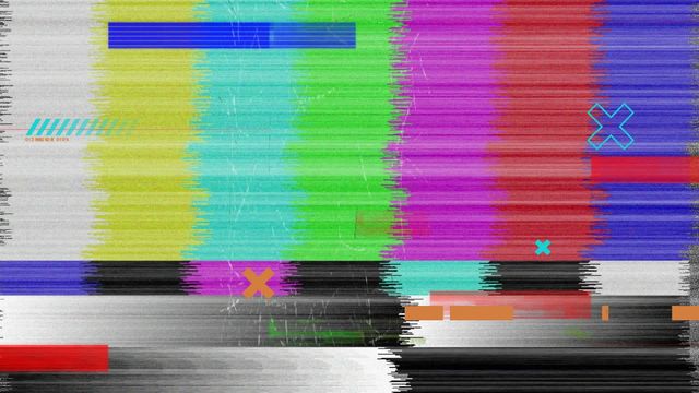 Abstract display combines vibrant colors and patterns to represent digital glitch art. Ideal for use in digital interface and technology-themed presentations, retro animation frames, or as a background for cyberpunk resets showcasing system errors or communication issues.