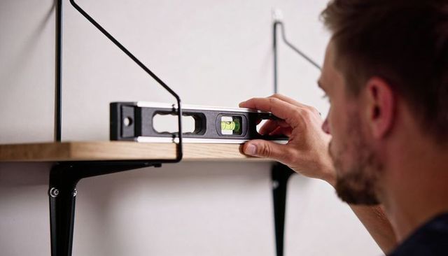 Man using spirit level, aligning wooden shelf on wall brackets for diy home installation