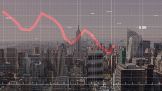 Visual of a cityscape with a red falling line graph superimposed, indicating a financial downturn or stock market crash. Useful for articles and presentations about economic crises, financial instability, or urban business challenges. Effective for illustrating economic news, financial reports, or studies on urban economic decline.