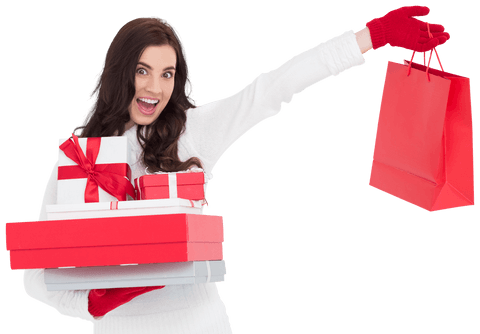 Excited woman holding gifts and displaying shopping bag on transparent background