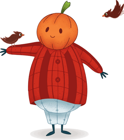 Whimsical Pumpkin Head with Birds on Transparent Background