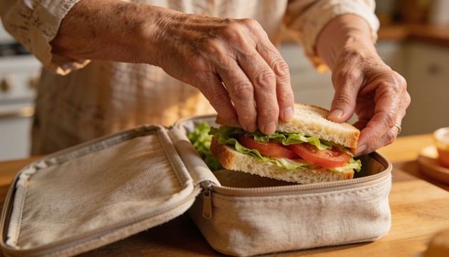 Elderly hands placing homemade sandwich into lunch bag on counter for healthy meal prep