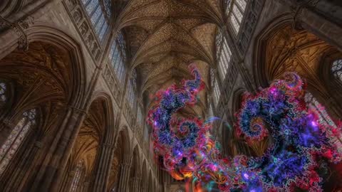 Colorful Fractal Nebula Rising Through Gothic Cathedral Nave Featuring Animated Spiral Motion