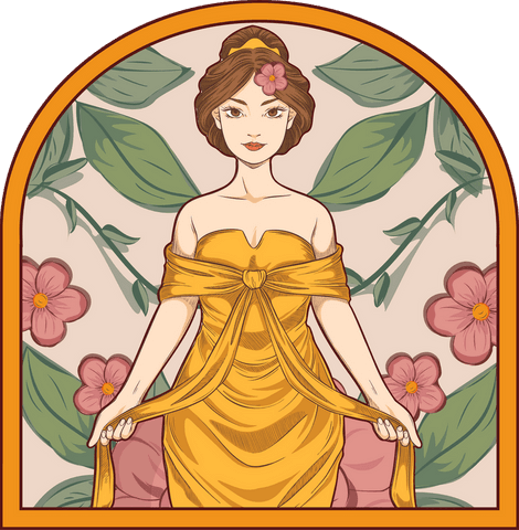 Elegant woman in golden gown on transparent botanical frame