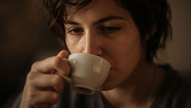 Young woman sipping coffee from white ceramic cup, intimate moody portrait with freckles